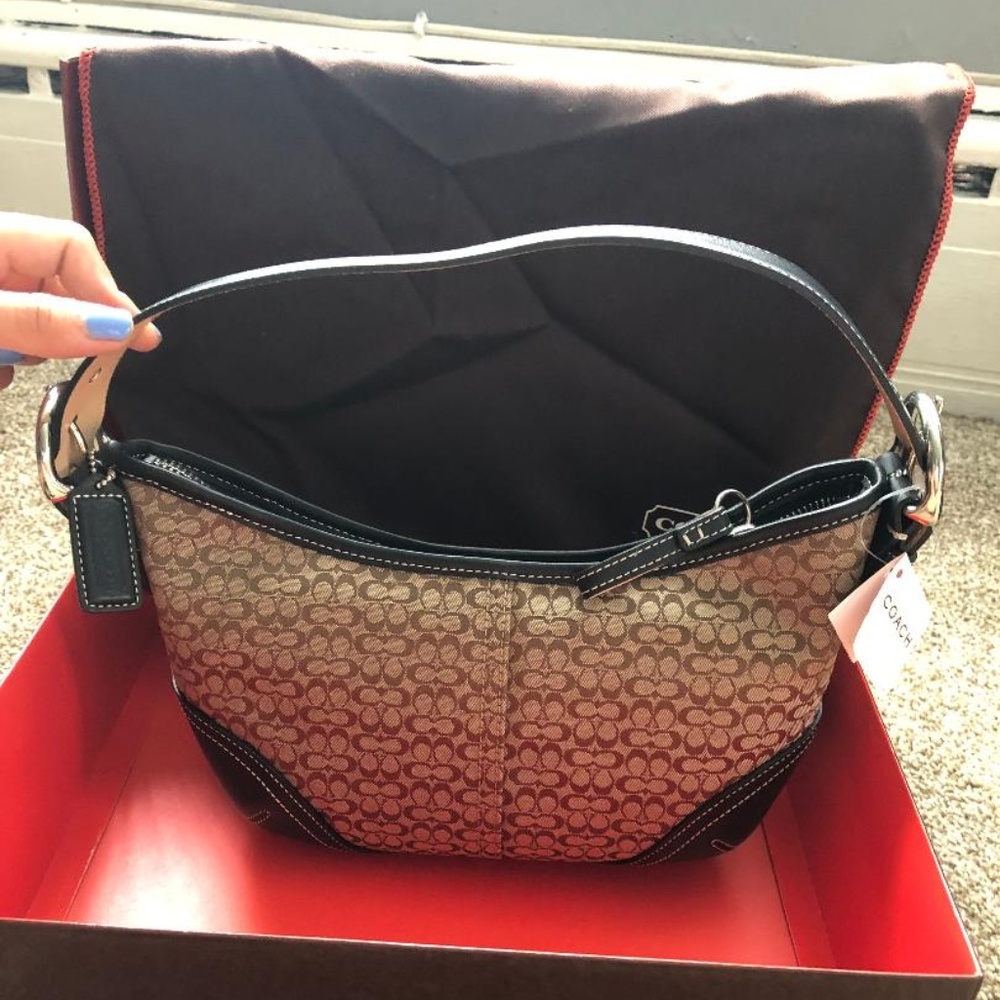 NEW COACH BROWN CANVAS SIGNATURE LOGO HOBO BAG